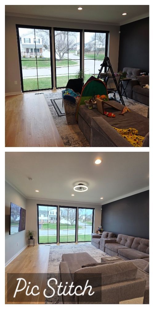 Before-and-after living room with sliding glass doors, showing a cluttered room transformed into a clean, furnished space.