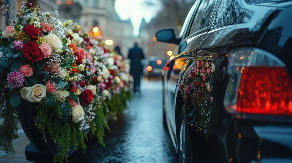 A floral arrangement adorns the side of a parked black car on a city street, with a blurred figure walking in the distance.