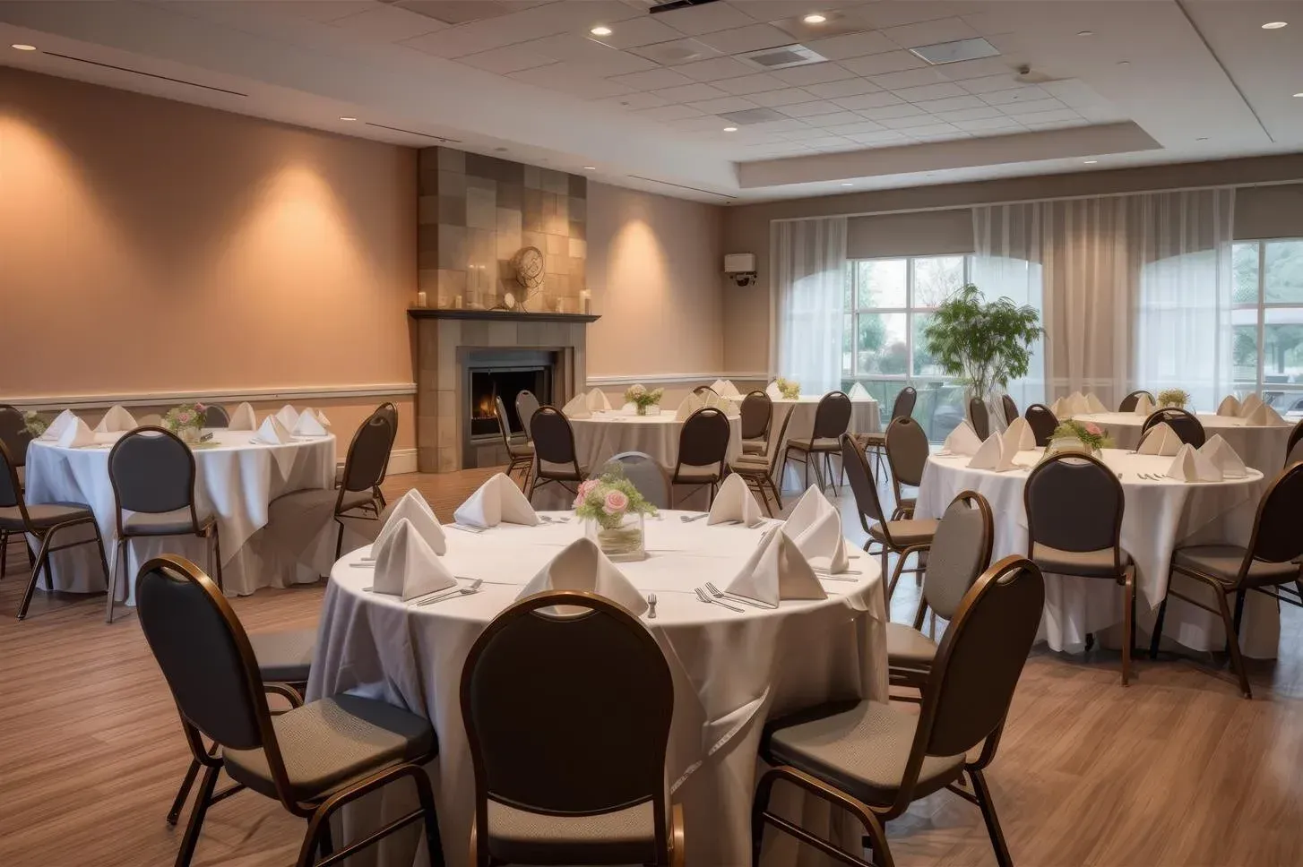 A banquet hall featuring multiple round tables with white tablecloths, dark chairs, and a fireplace in the background.