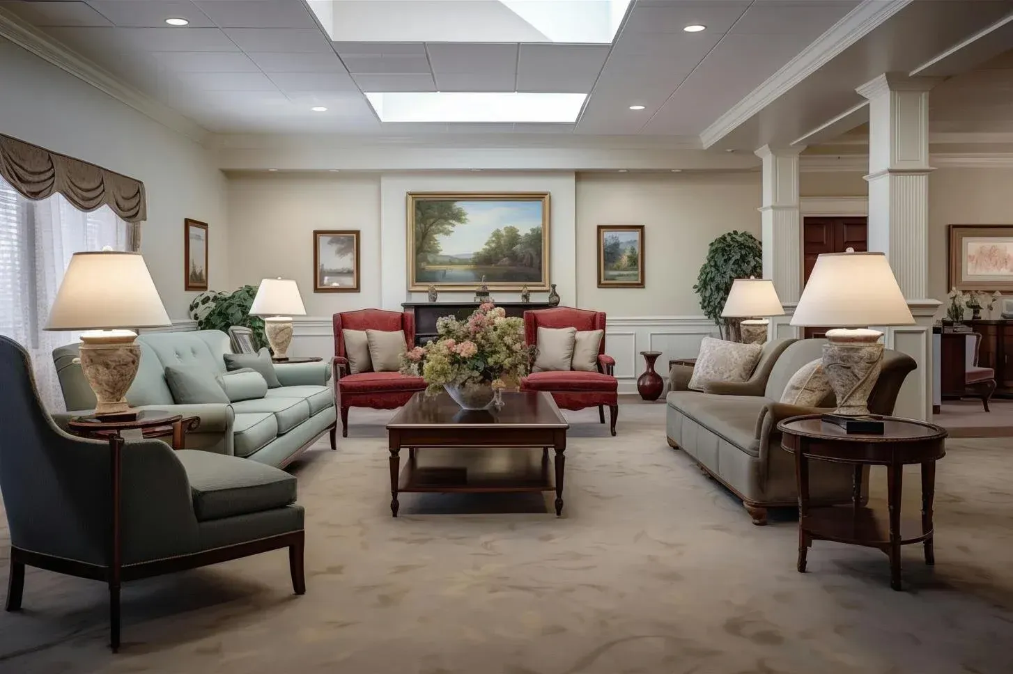 A spacious, neutrally decorated lobby with sofas, armchairs, lamps, and a central coffee table under a large skylight.