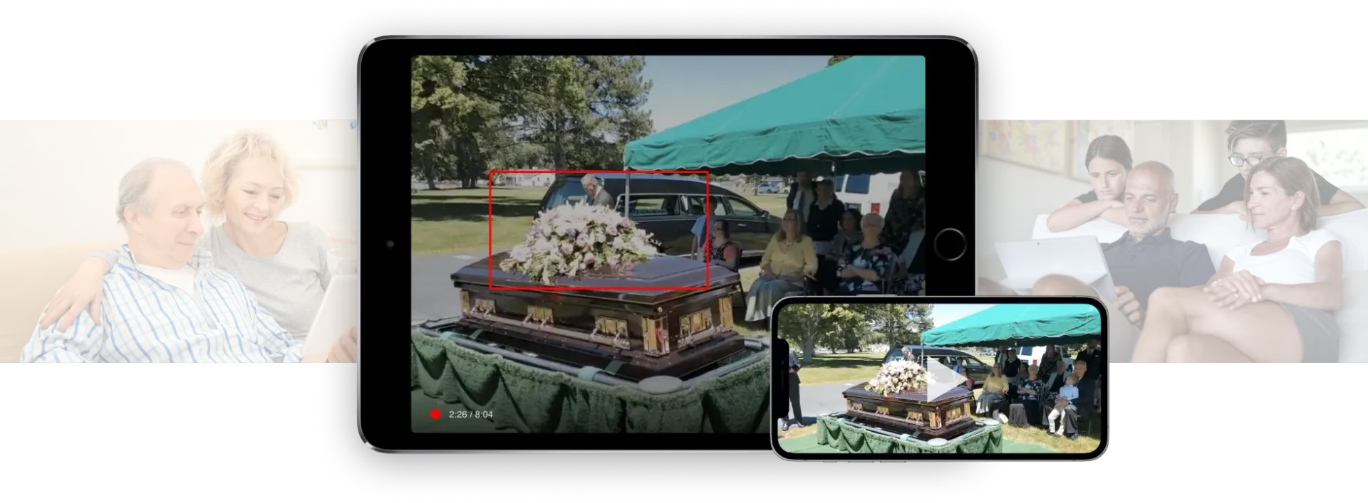 A tablet and smartphone display a funeral livestream, flanked by soft-focus photos of families in the background.