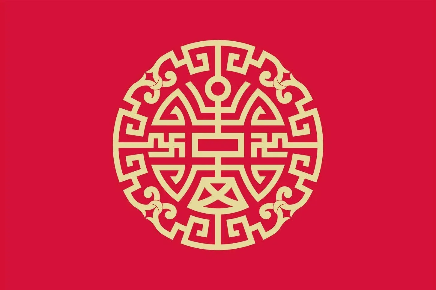 A red rectangular flag featuring a circular, cream-colored, symmetrical geometric emblem with a central swastika motif.