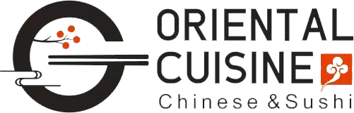 Oriental Cuisine Chinese & Sushi logo with black text, red accents, and stylized chopsticks