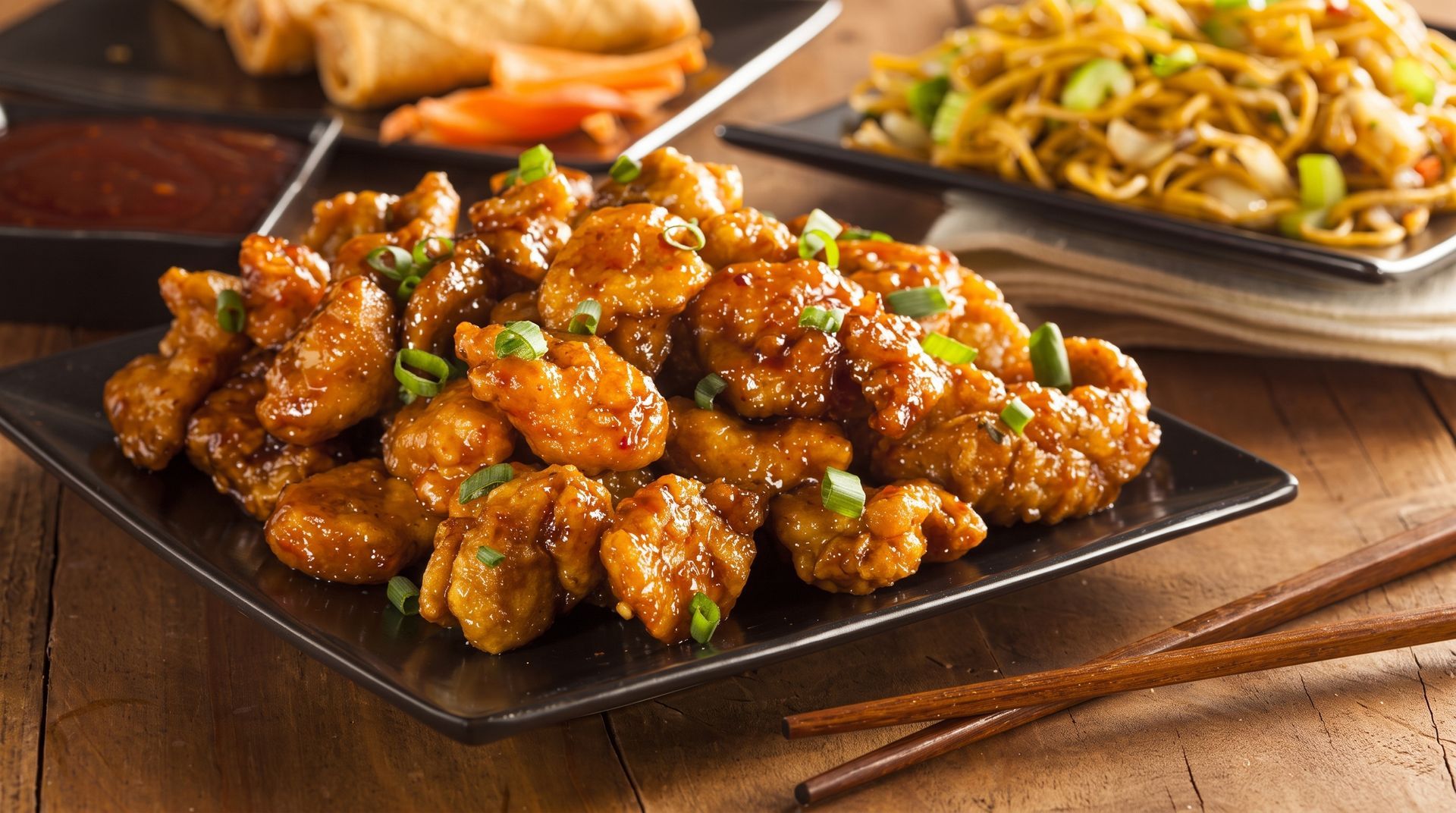 Glazed fried chicken on a black plate with chopsticks, fries and noodles in the background