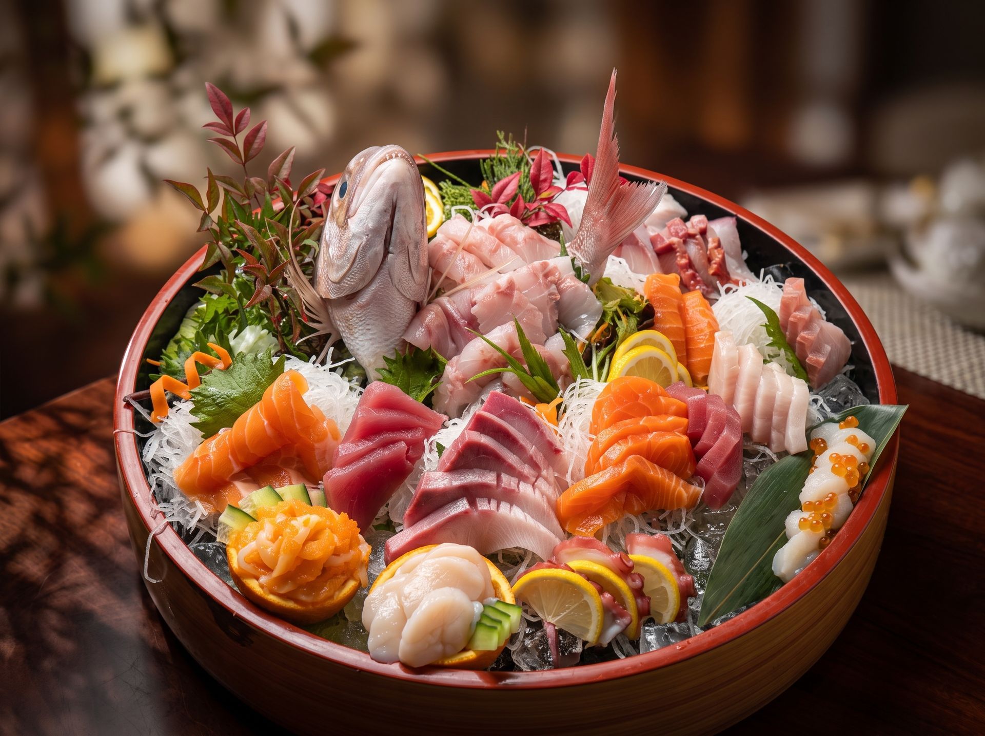Assorted sashimi and sushi in a wooden bowl, colorful slices of fish with garnish on a table.