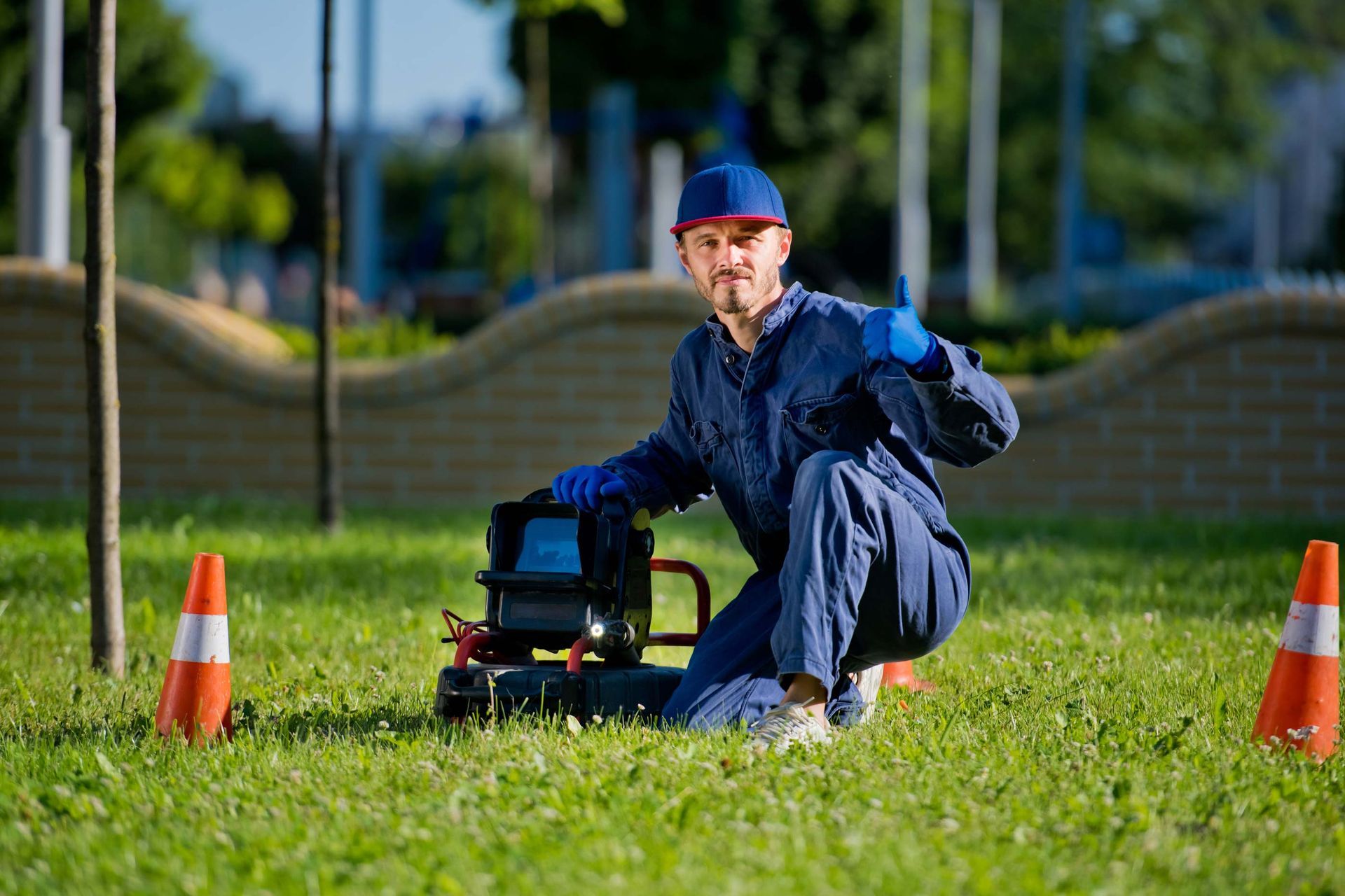 Man in blue work overalls kneels near equipment on grass, giving a thumbs-up. Orange cones in foreground.