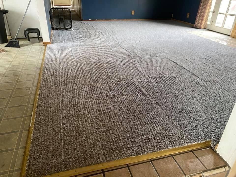 Gray carpet laid in a room, meeting a tile floor. A fan is visible.