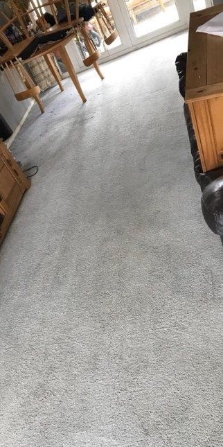 Light gray carpet in a room with wooden furniture and a glass door to the outside.