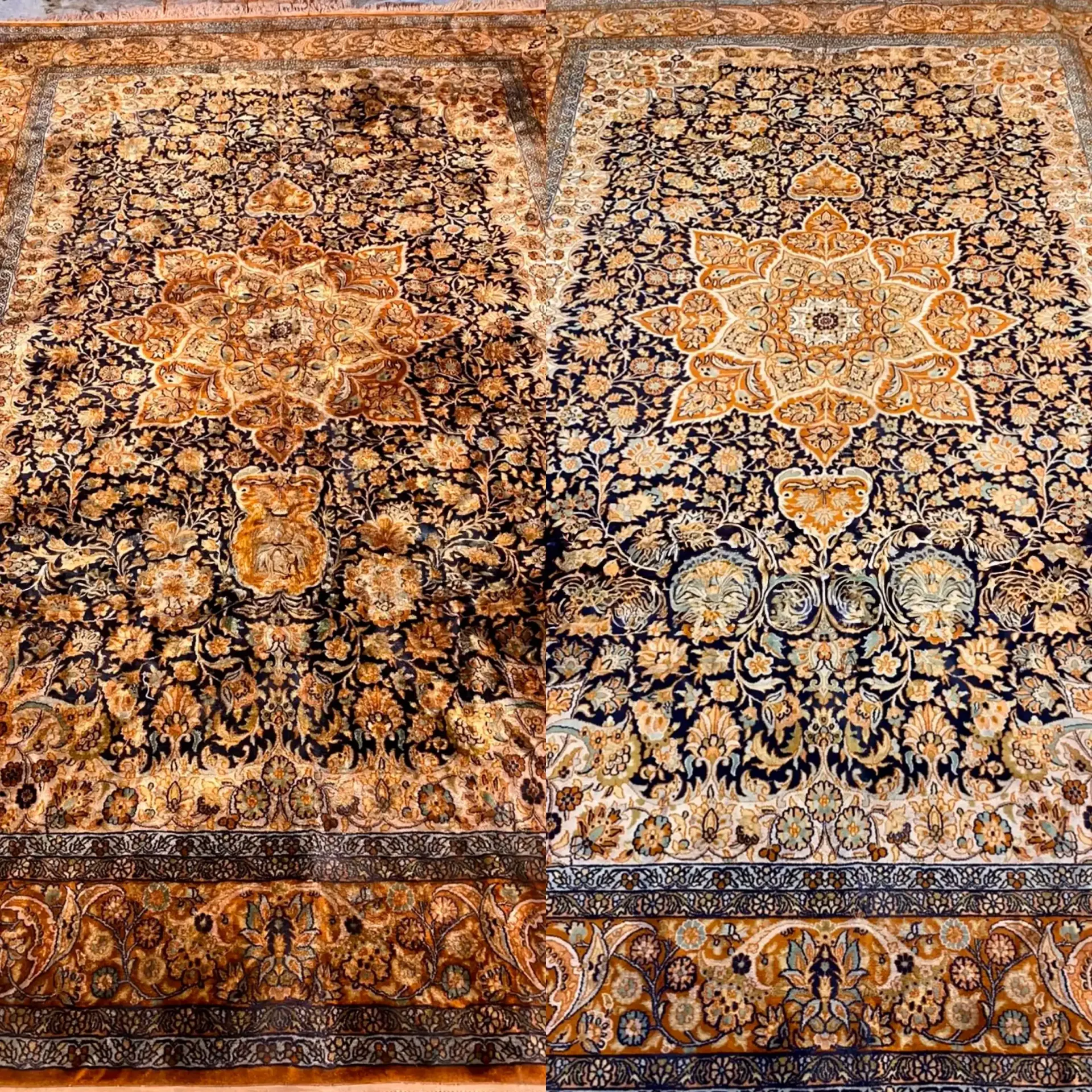 One has warm tones and the other cool tones, both with floral patterns and a central medallion.