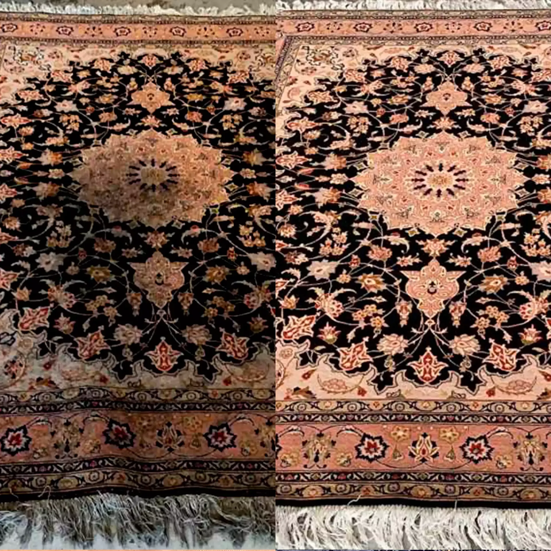 Carpet cleaning comparison: One side appears dirty, the other clean with a floral design in black, peach, and red.