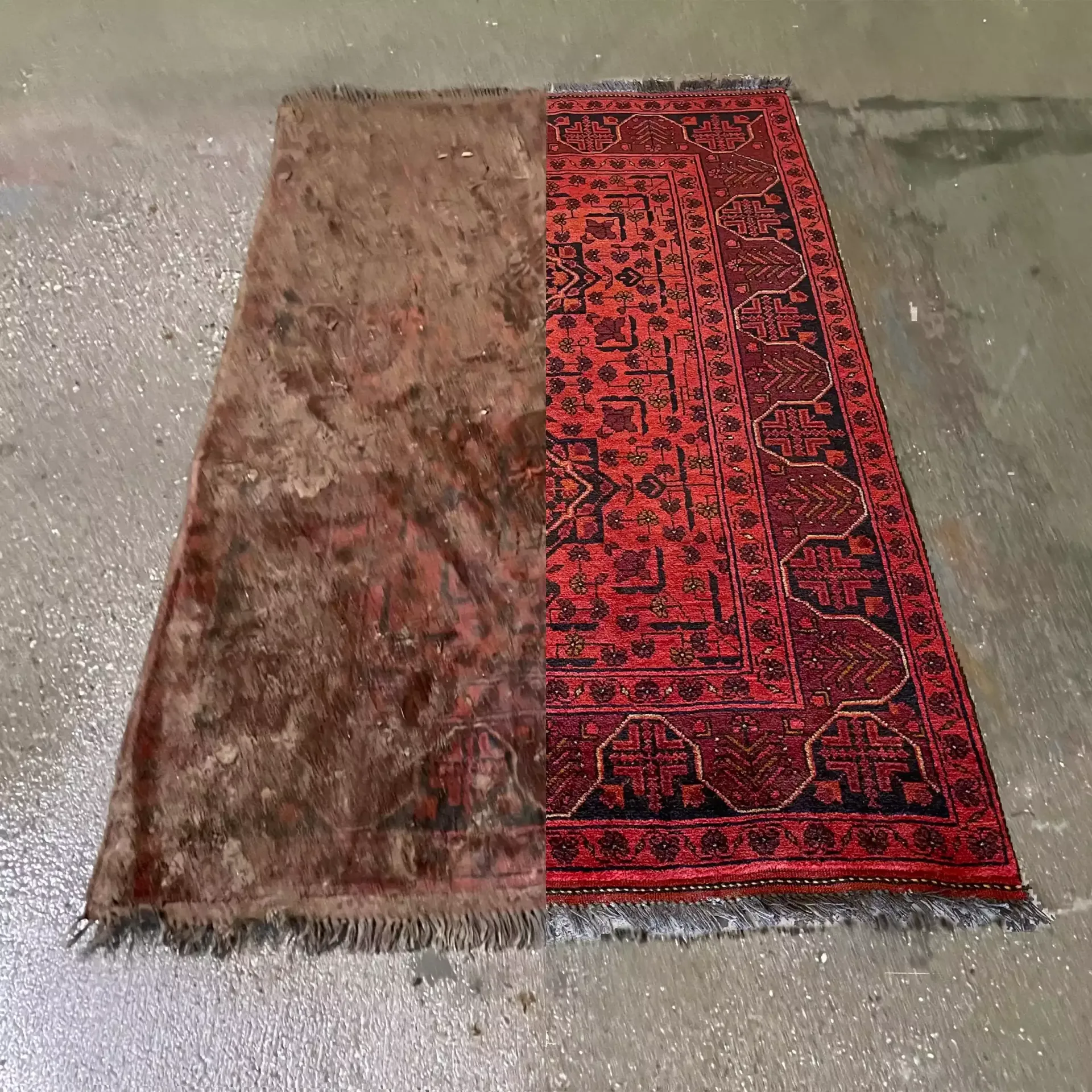 Rug, half cleaned, showing brown, dirty fibers next to a vibrant red and black cleaned pattern, on a wet surface.