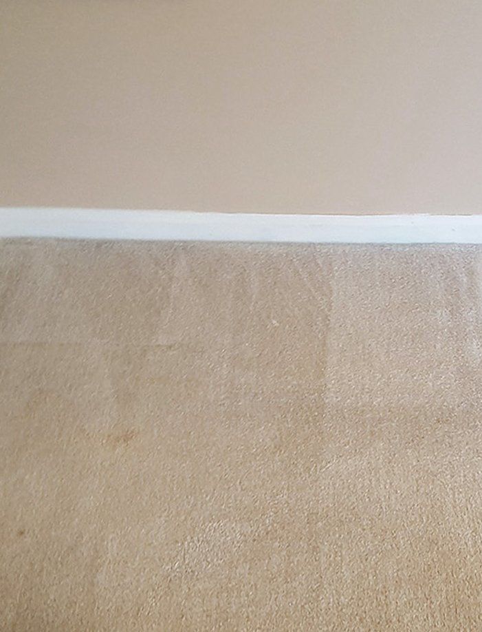 Beige carpet against a tan wall with a white trim.