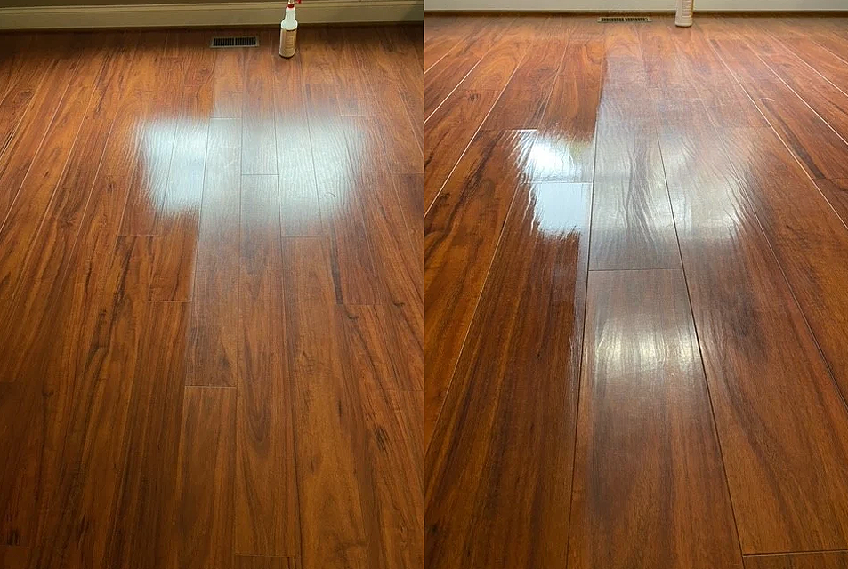 Two wooden floors, one with high gloss finish, reflecting light, and the other less reflective.