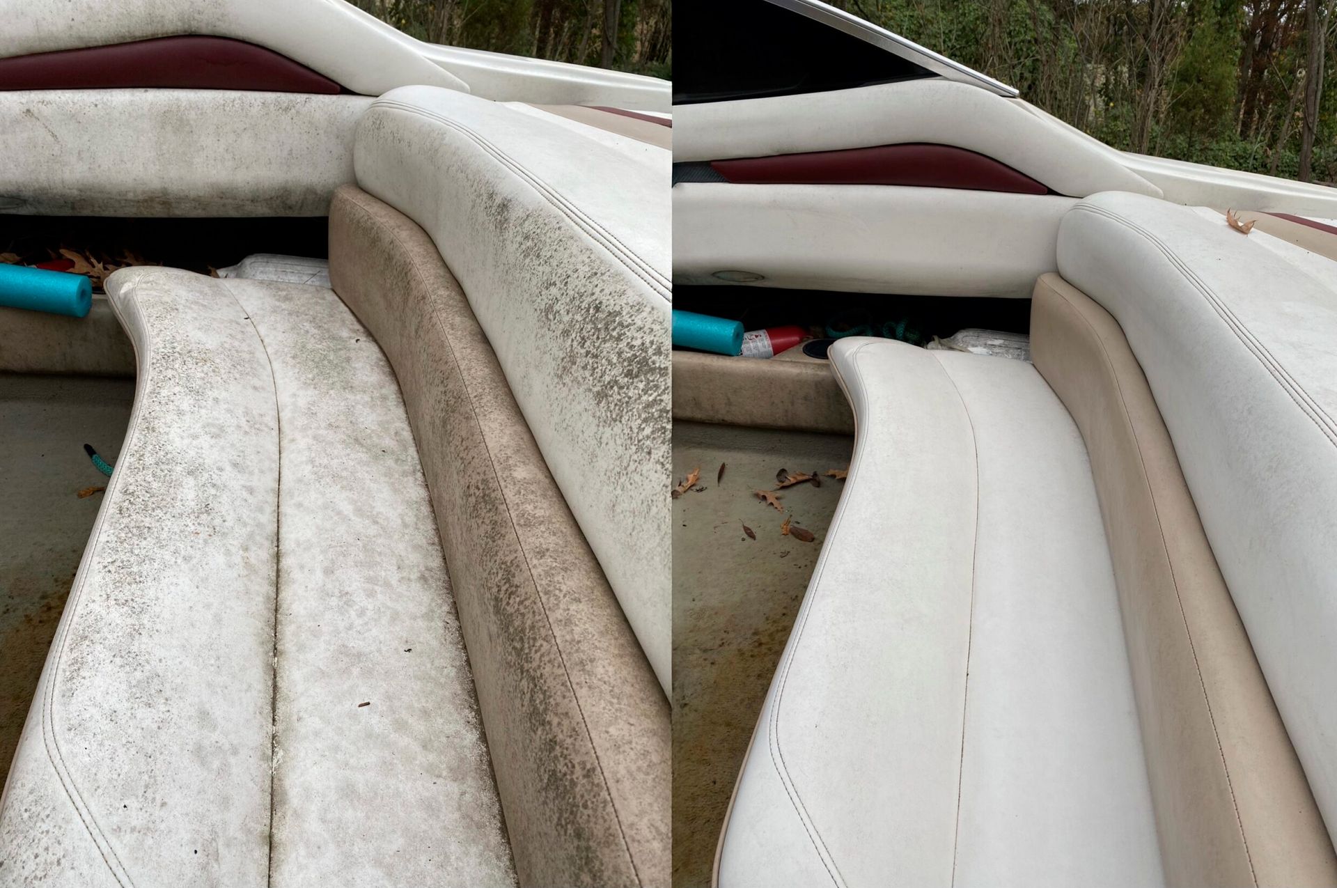 Boat upholstery before and after cleaning; showing soiled and clean surfaces, white and tan colors.