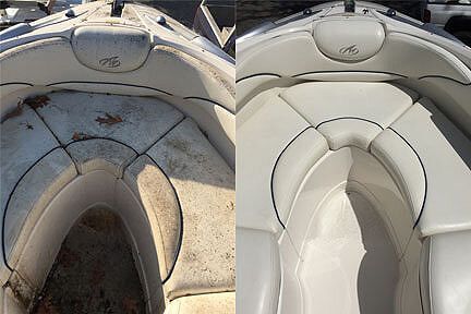Boat upholstery before and after cleaning: dirt-covered seats transformed to bright white, highlighting black trim.