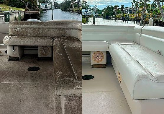 Comparison: Before and after cleaning of a boat's white seats and deck. The