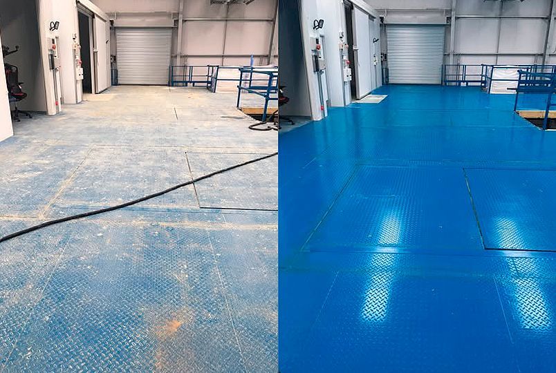 Before-and-after of a warehouse floor. The left side is dirty, the right side is blue and clean.