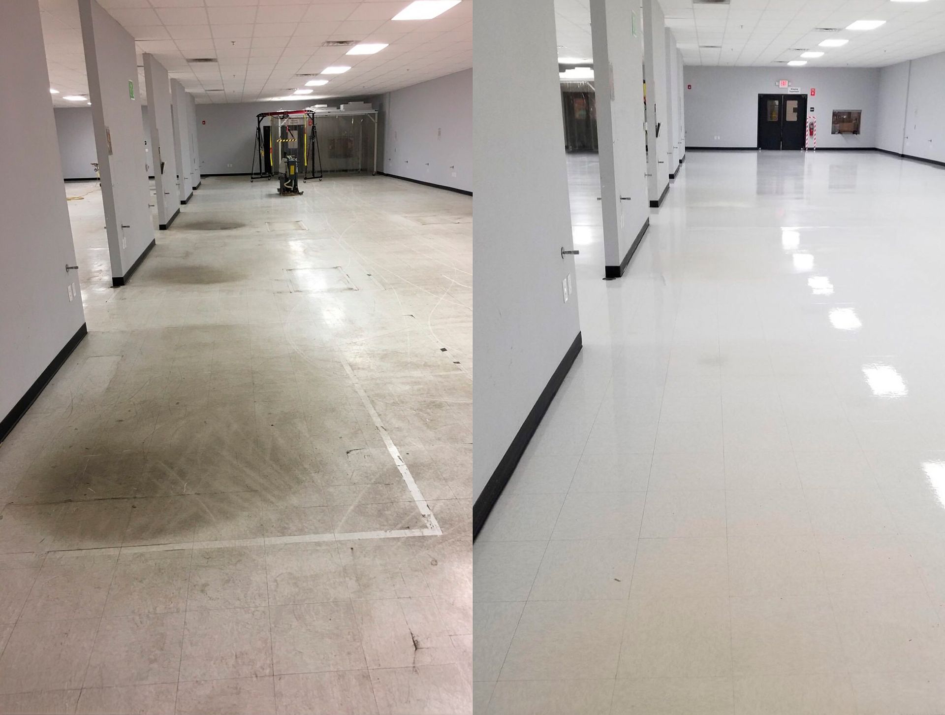 Before and after comparison of a hallway floor cleaning. The left side is dirty, the right is clean and shiny.