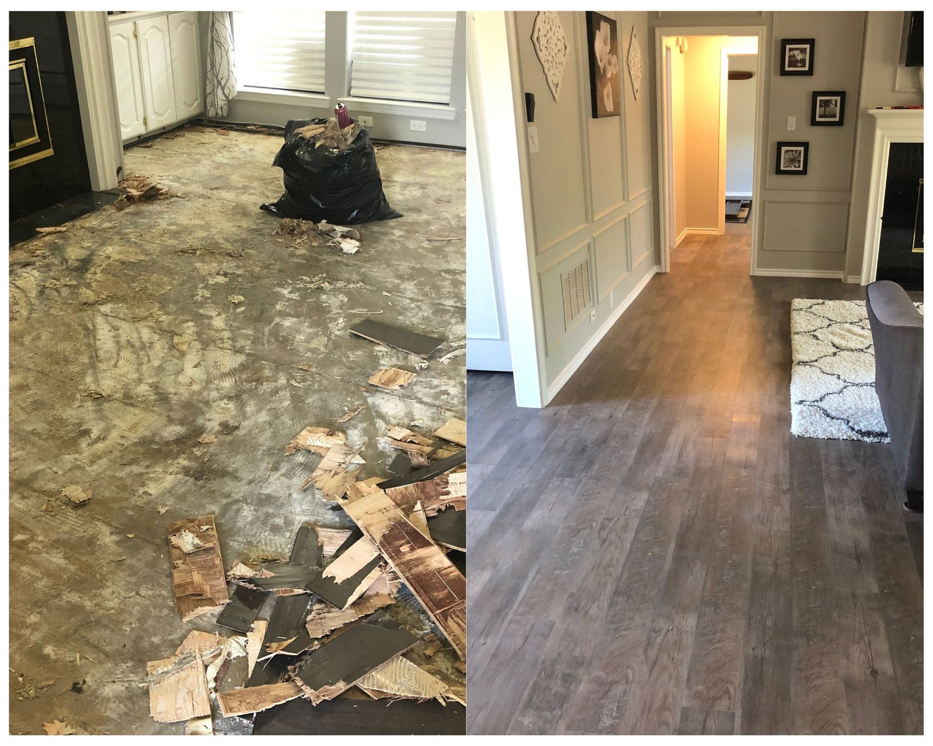 Before and after photos: torn-up flooring, then finished gray wood flooring in a home.
