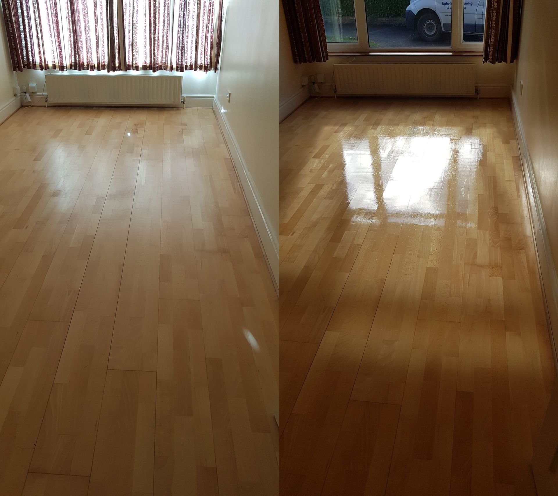Two photos showing the same room, before and after floor treatment. Wooden floor, curtains, radiator, sunlight.