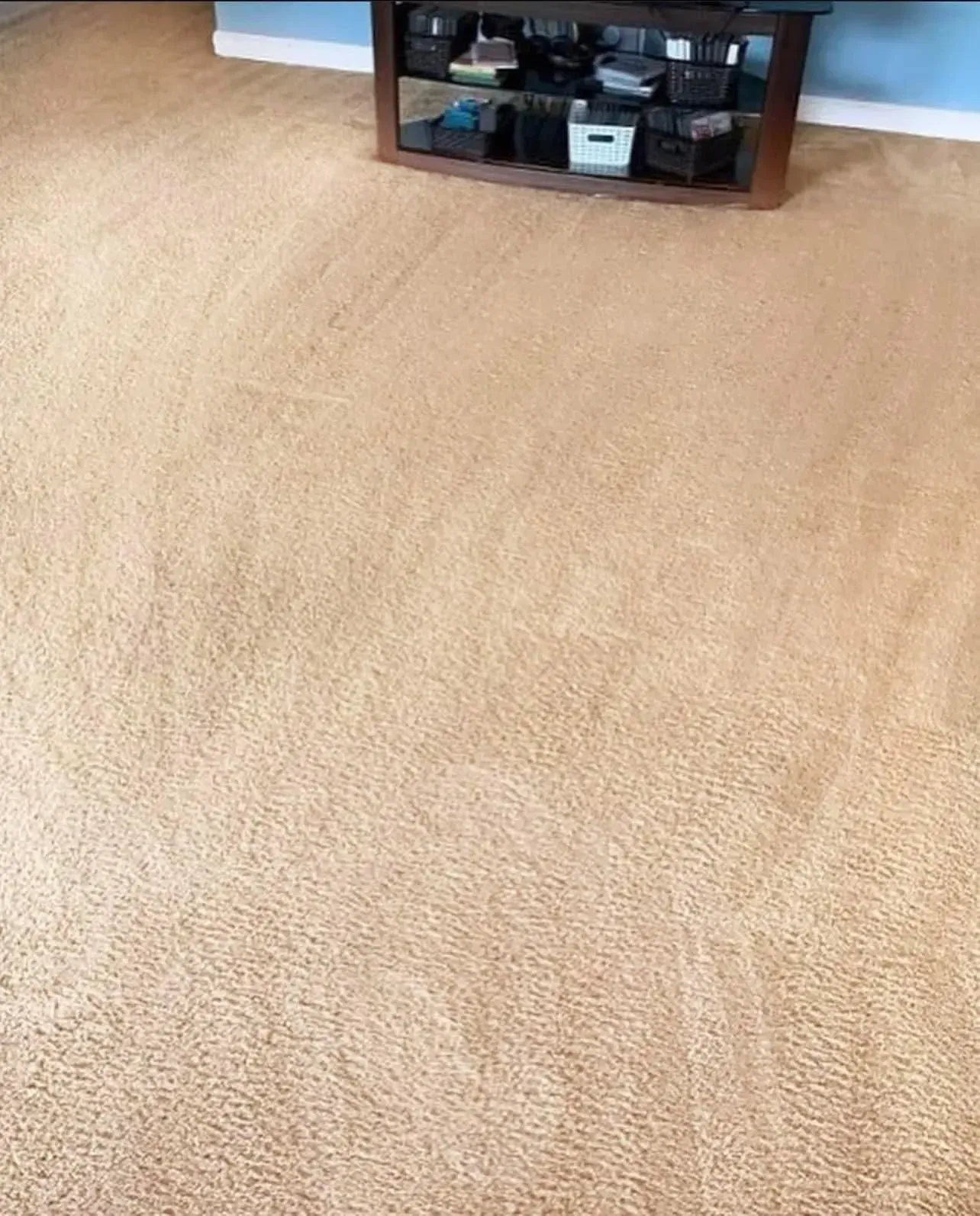 Beige carpeted floor with a wooden entertainment center in the background.
