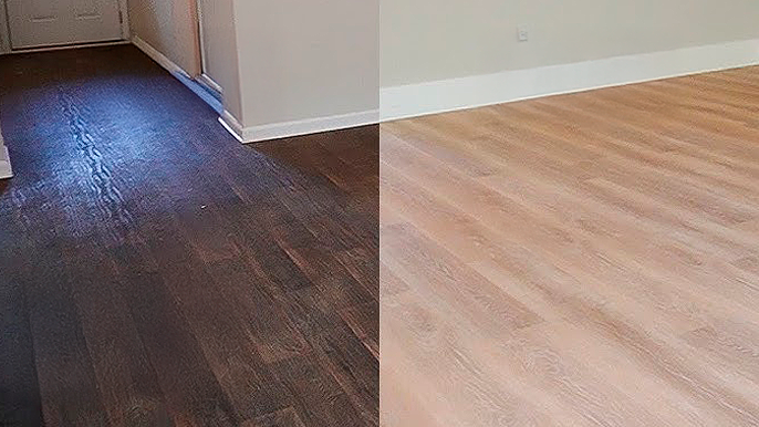 Comparison of dark brown and light brown wood floors in a building.