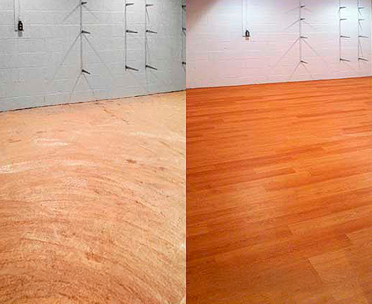 Room with before and after hardwood floor refinishing, showing a dull and a shiny, new wood floor.