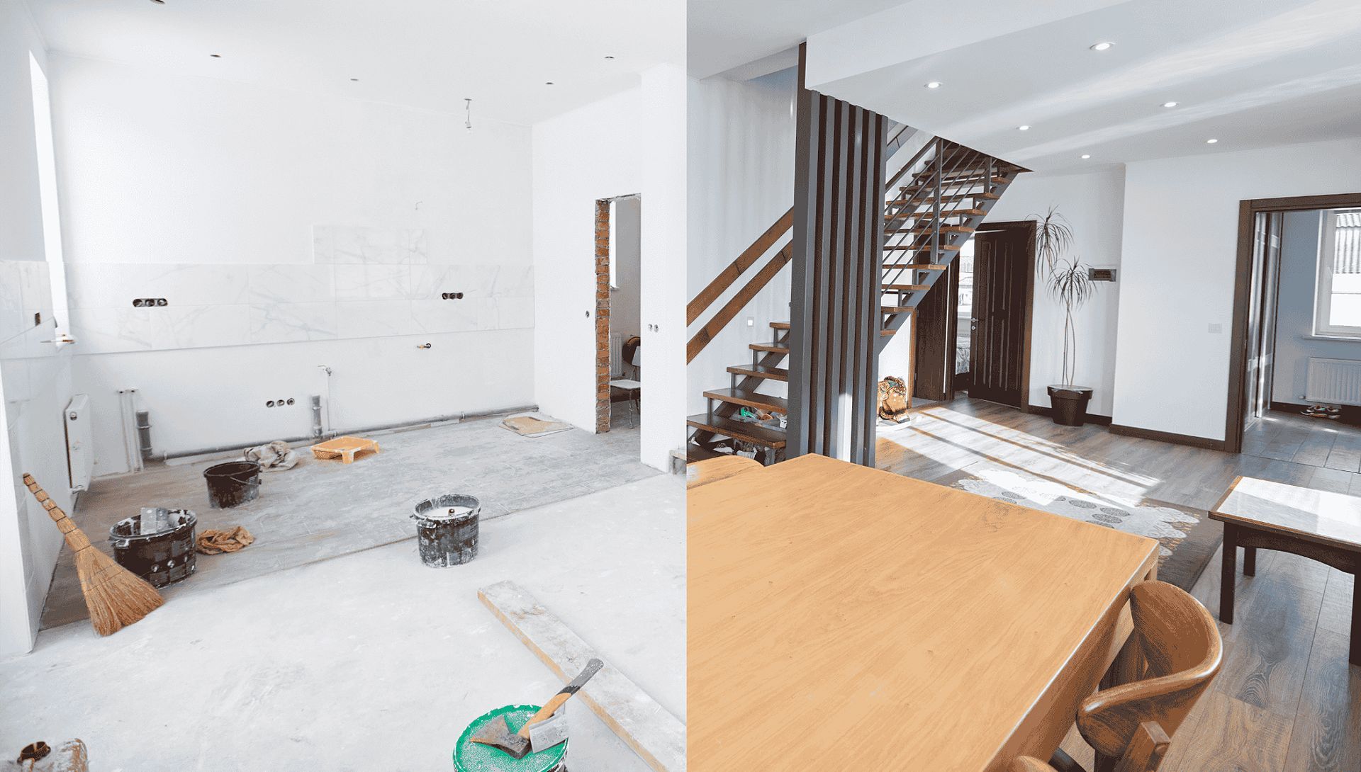Renovation before/after. The left shows a bare kitchen. The right has a finished dining area with stairs and a table.