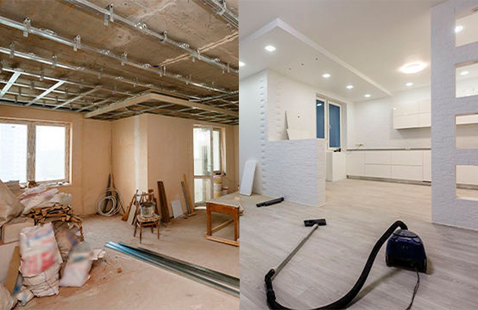 Room renovation before and after: bare bones construction on left, finished modern kitchen on right.