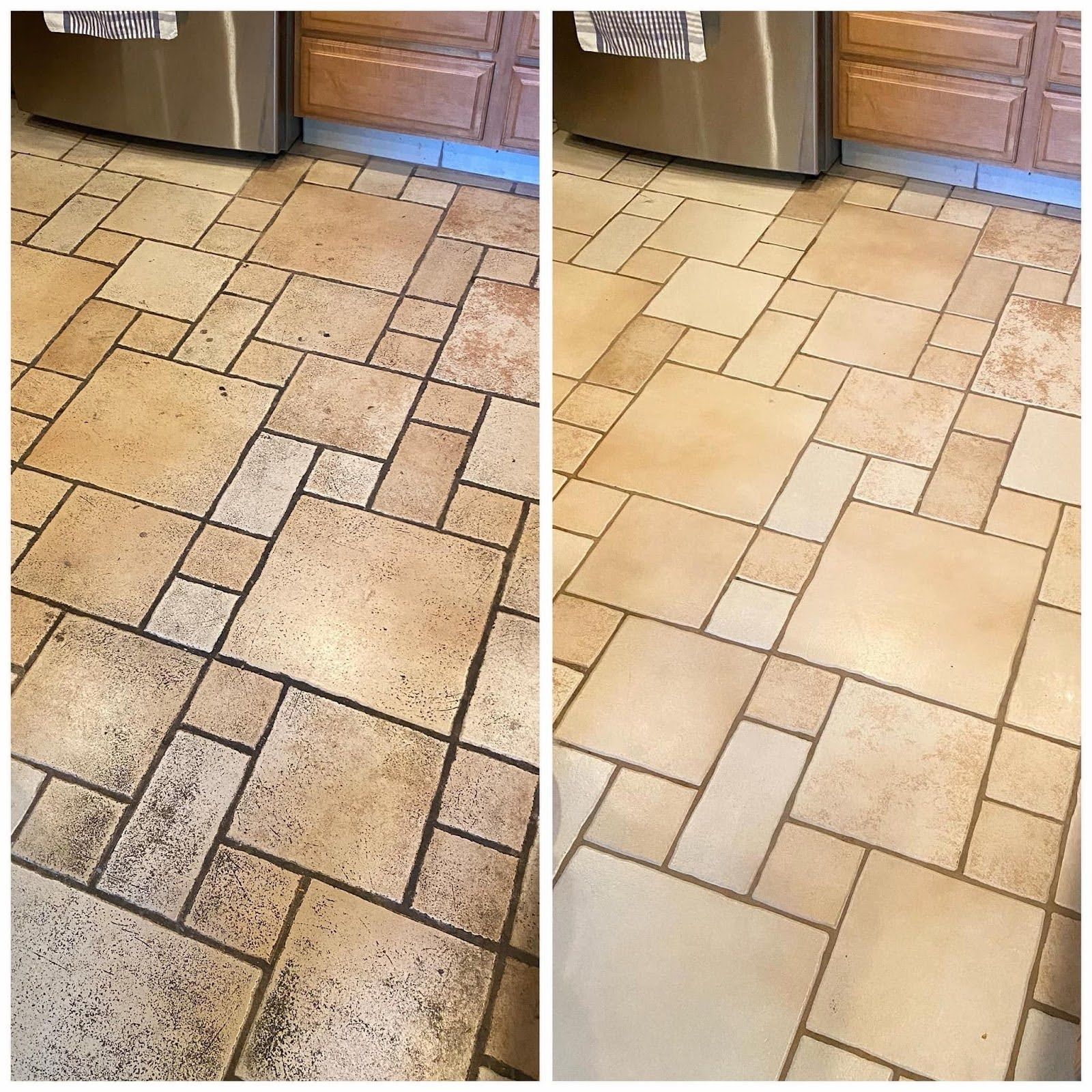 Side-by-side comparison shows before and after cleaning of a light beige tiled kitchen floor.