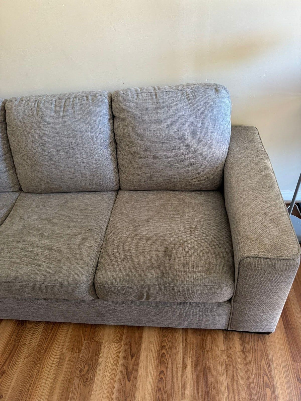 Gray sofa with two back cushions and a wide armrest. Wooden floor and beige wall in the background.