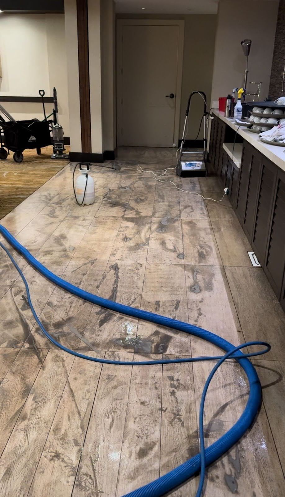 Blue hose on a wet, light-colored wooden floor. A step ladder, white tank, and other equipment are nearby.