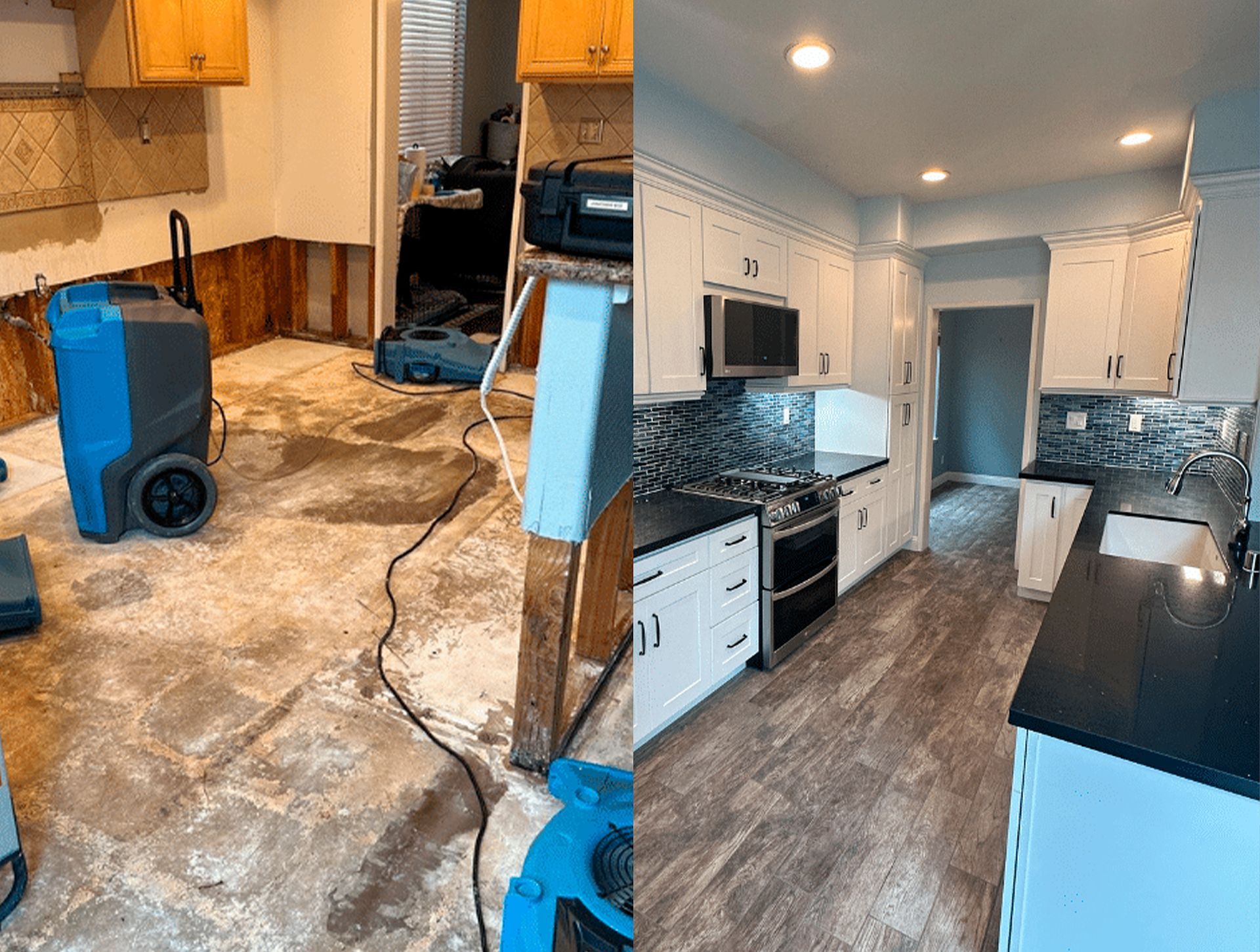 Flooded, damaged state next to a newly remodeled space with white cabinets and dark counters.