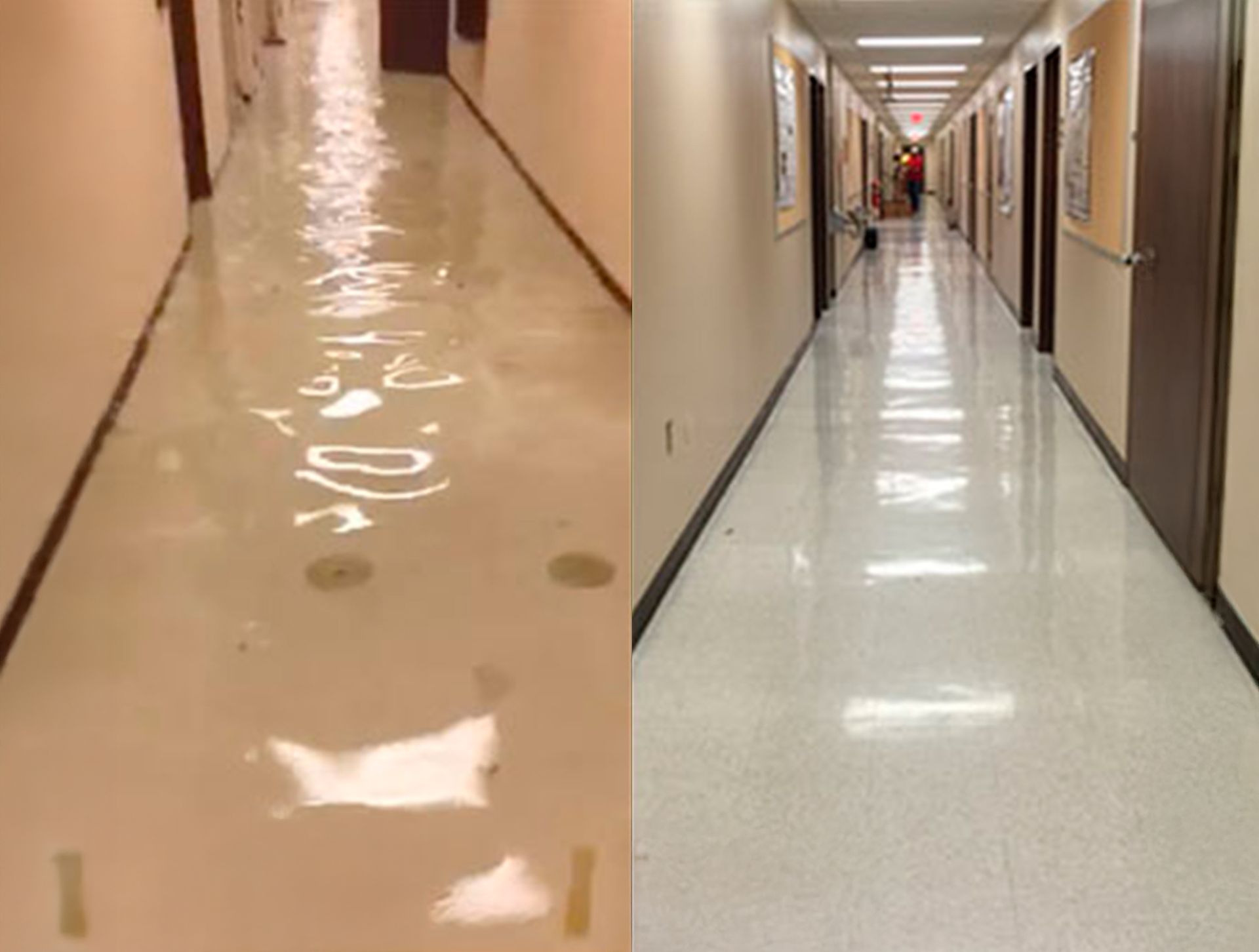 Hallway floor before and after cleaning; dirty, wet floor versus clean, shiny floor.
