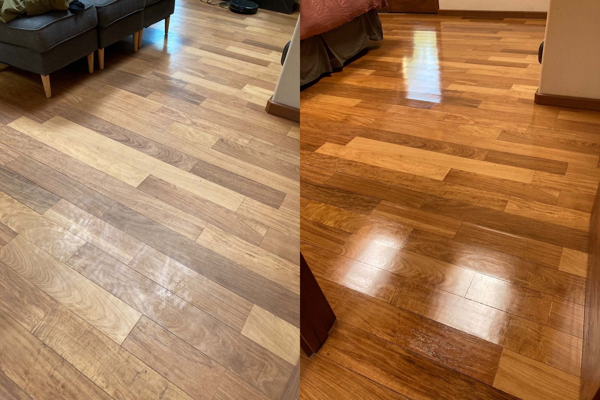 Wooden floor, before and after. The right side is shiny, reflecting light; the left is matte.