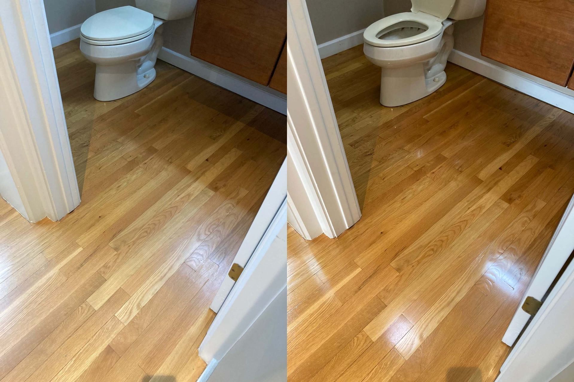 Bathroom with hardwood floors and a toilet.
