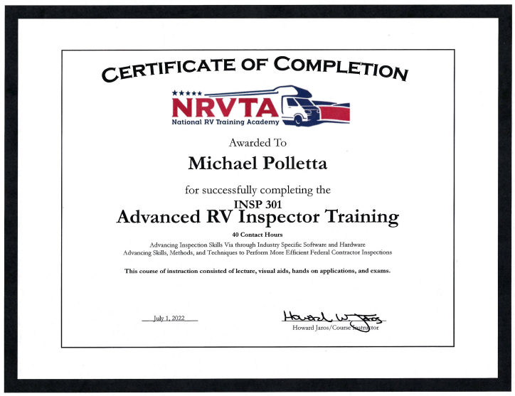 Premier RV Inspections and Repair Certificate