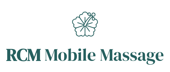 The logo for rcm mobile massage has a flower on it.