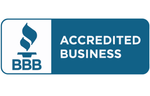 The bbb logo is blue and white and says accredited business.