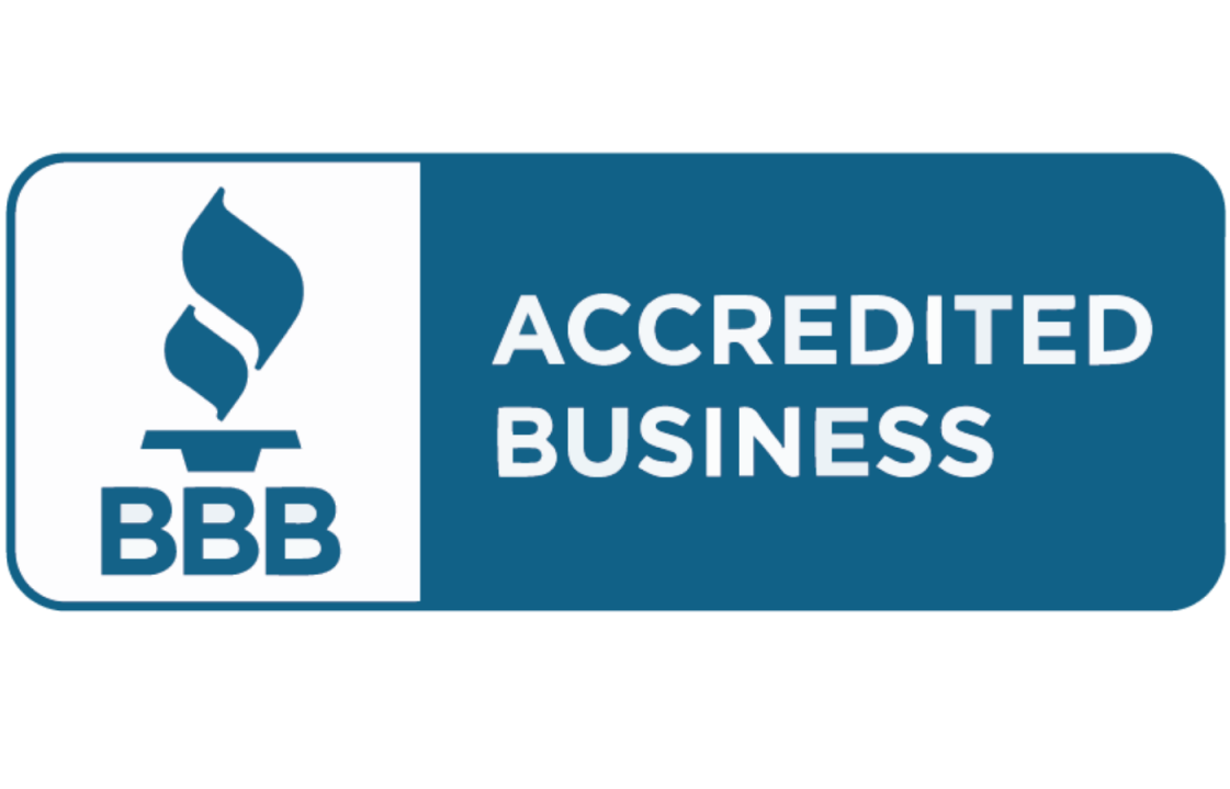 The bbb logo is blue and white and says accredited business.
