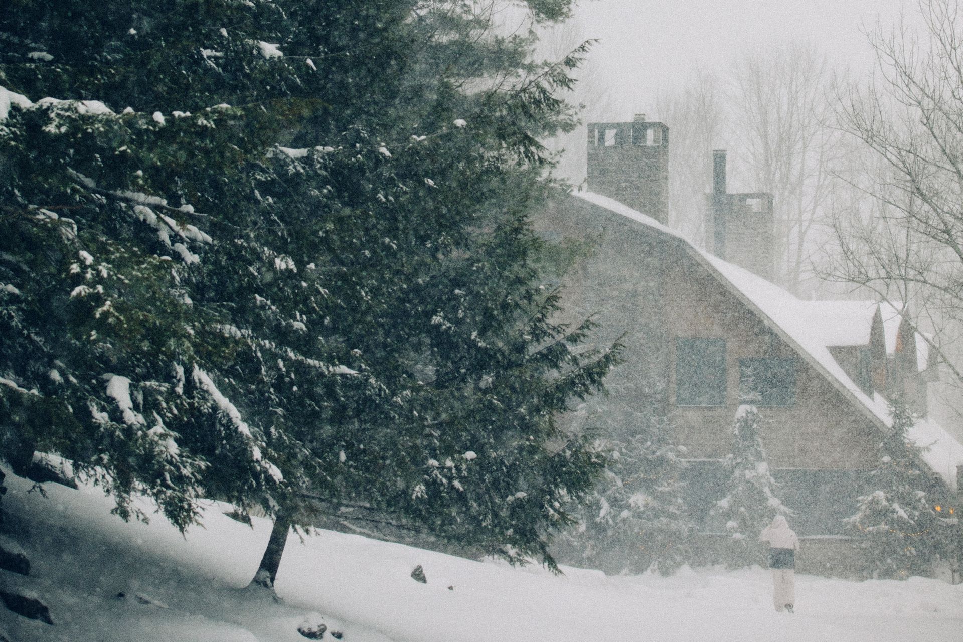 A snowy scene with a house in the background