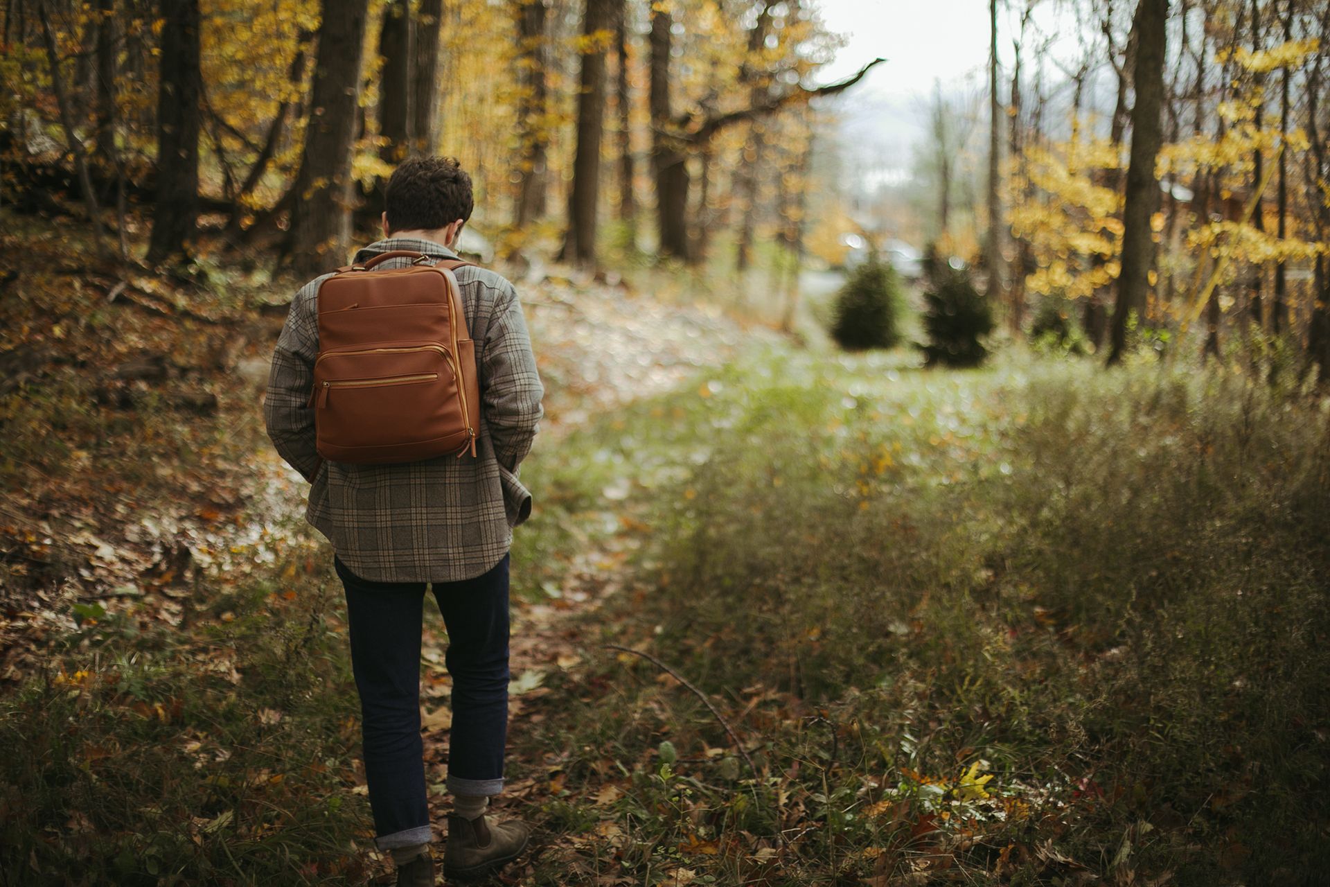 A man with a backpack is walking through the woods.