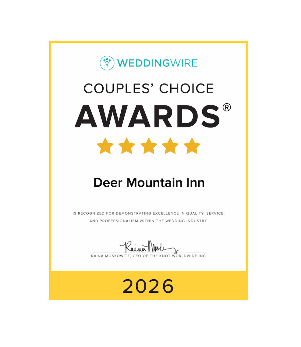 WeddingWire Couples’ Choice Awards certificate for Deer Mountain Inn, with gold stars and 2026