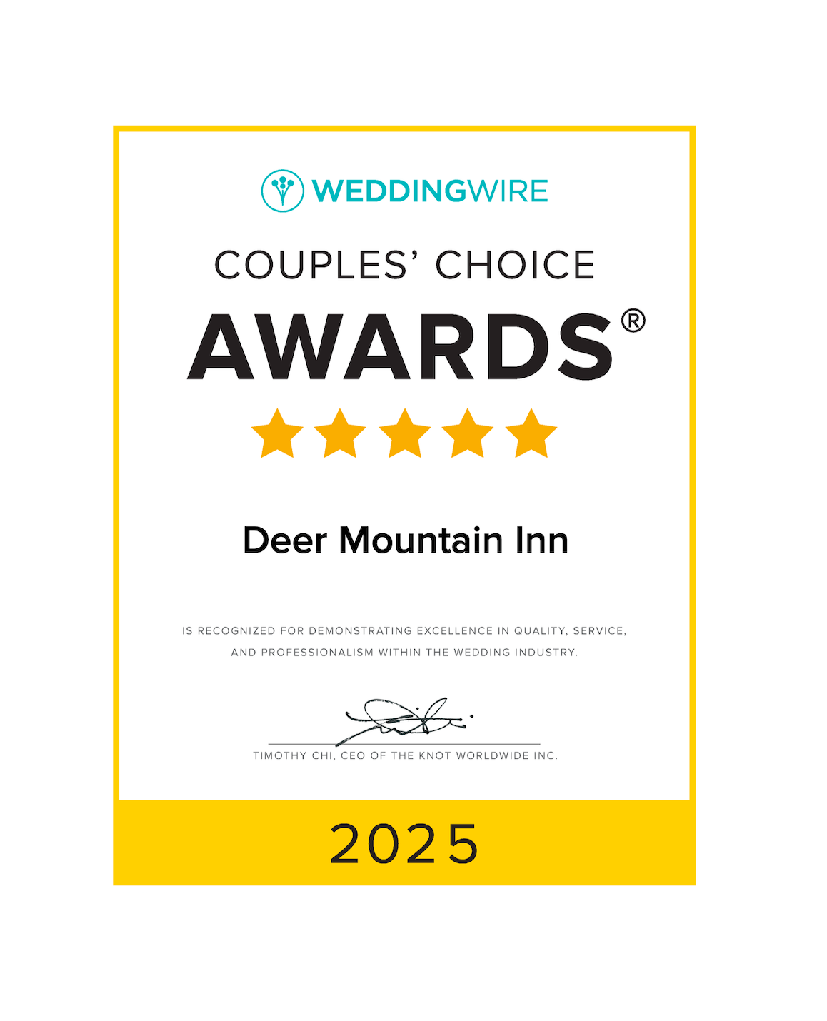 WeddingWire Couples’ Choice Awards 2025 plaque for Deer Mountain Inn with gold stars and border