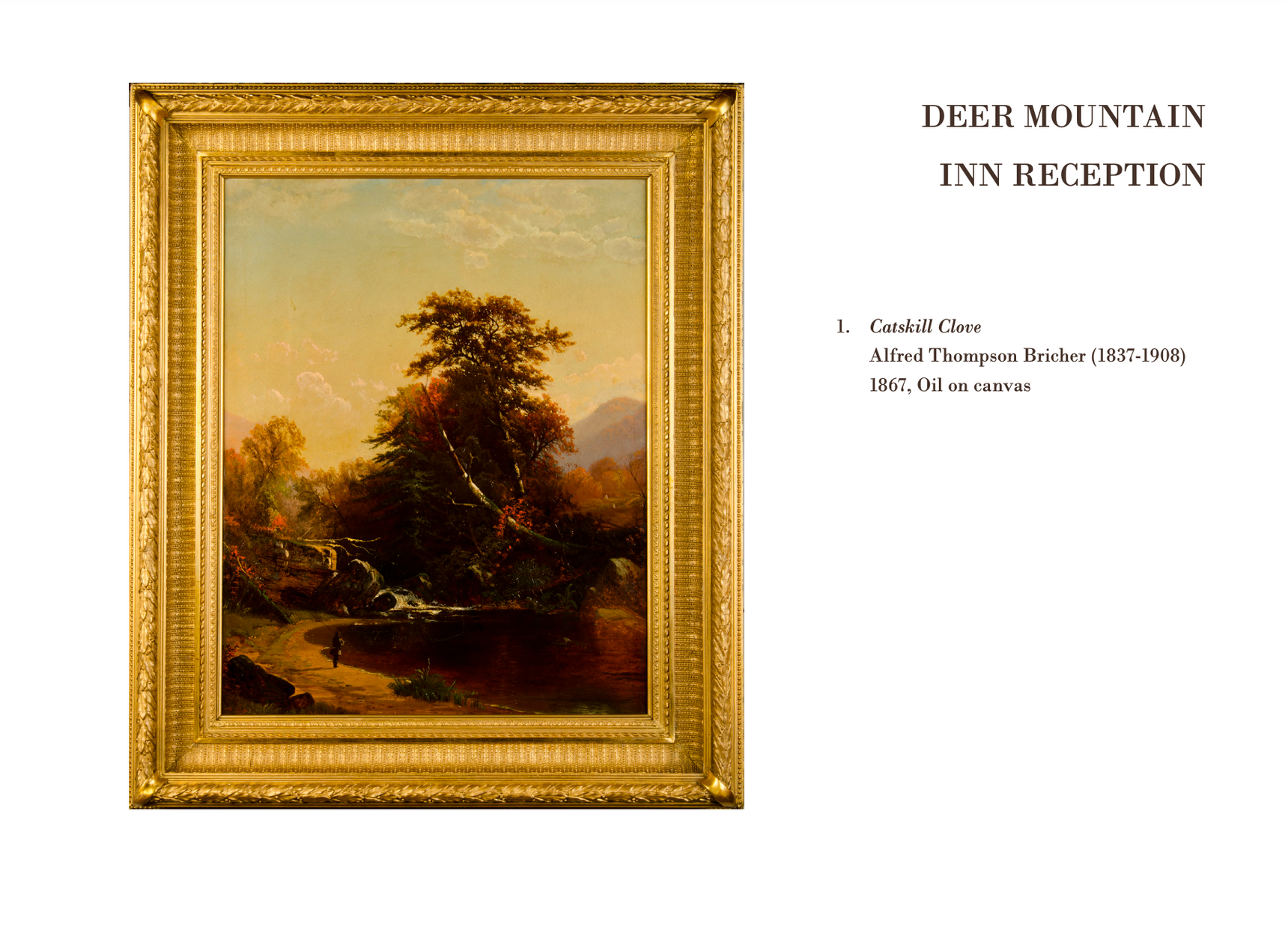 A painting in a gold frame is titled deer mountain inn reception