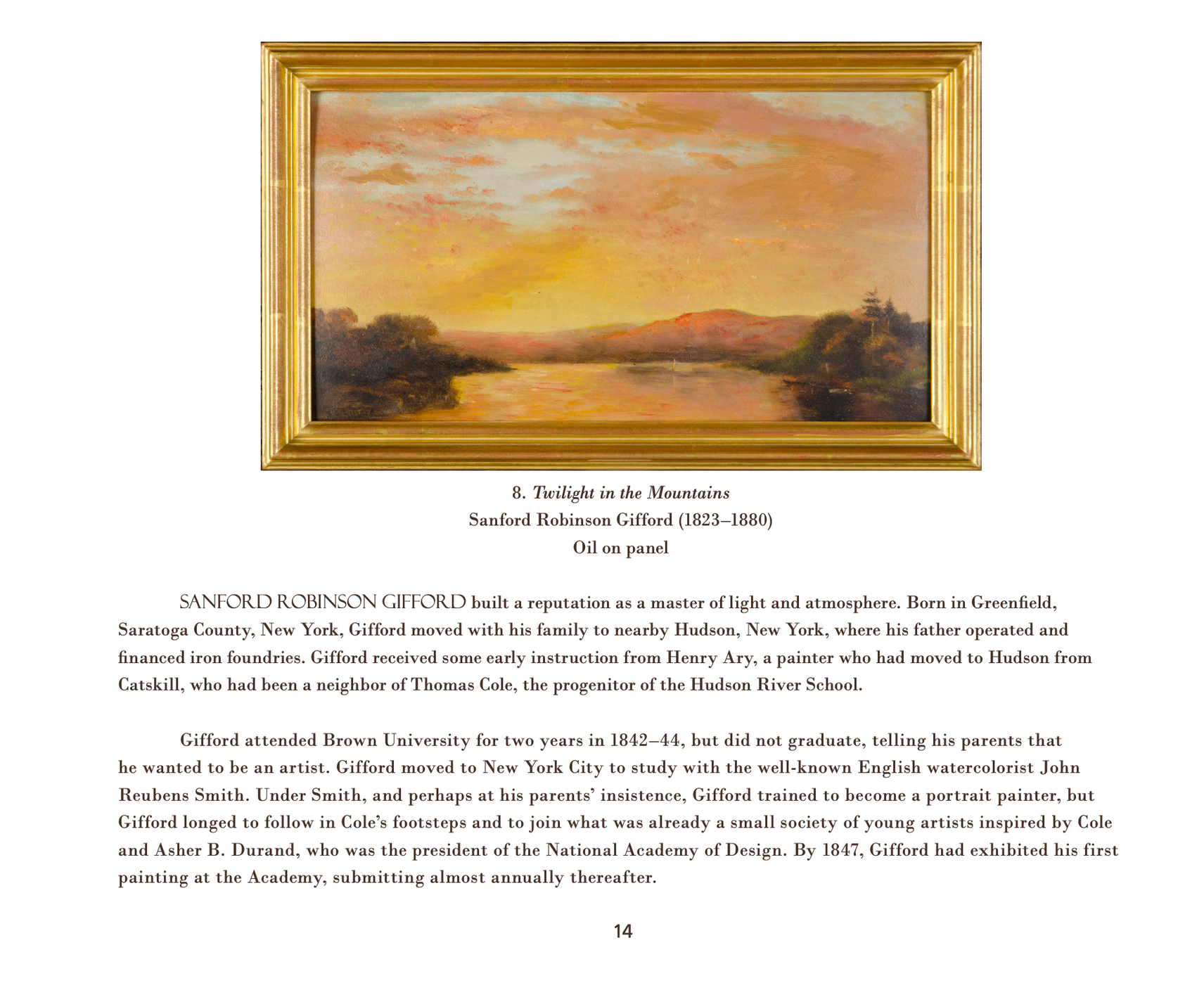 A framed painting of a lake with mountains in the background
