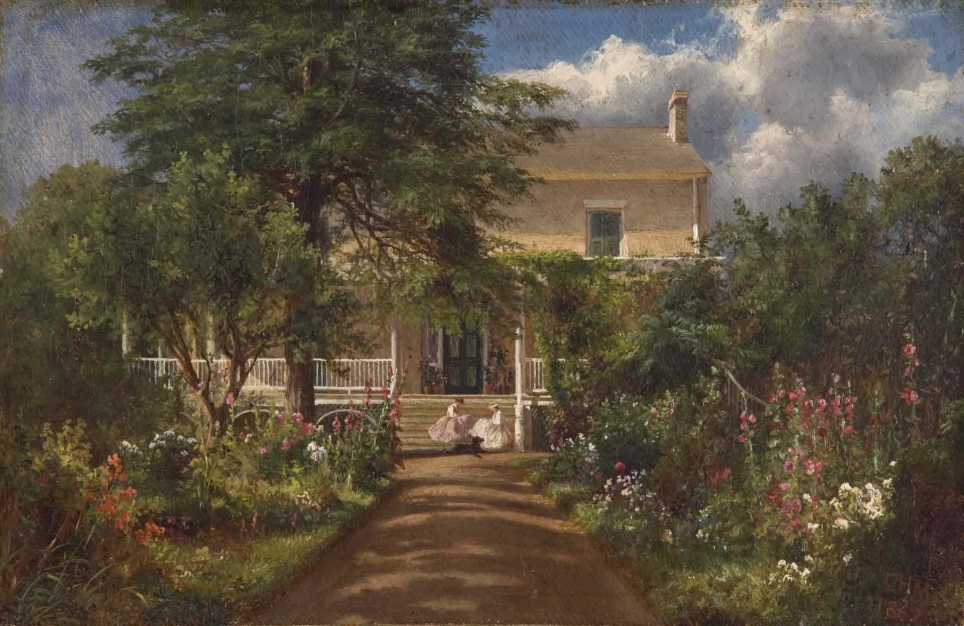 A painting of a house with a garden in front of it.