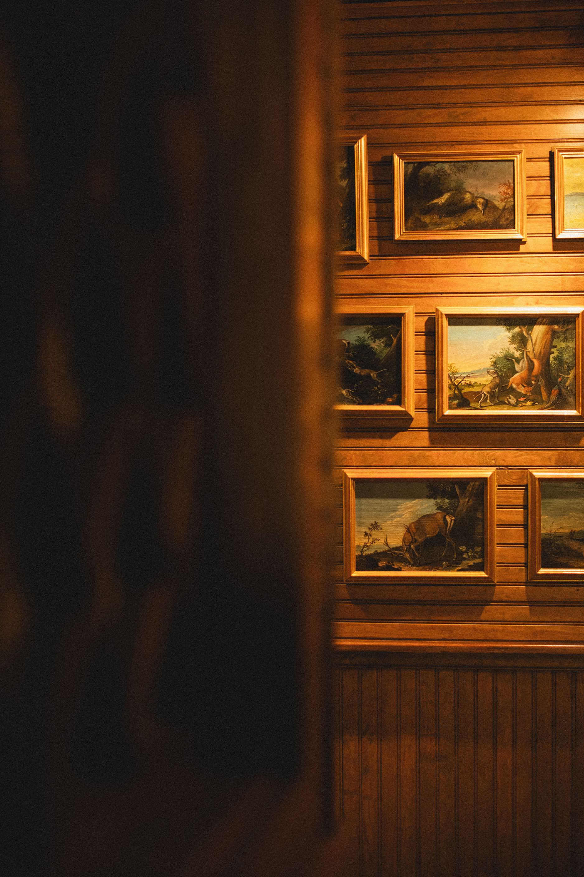 A row of paintings are hanging on a wooden wall.