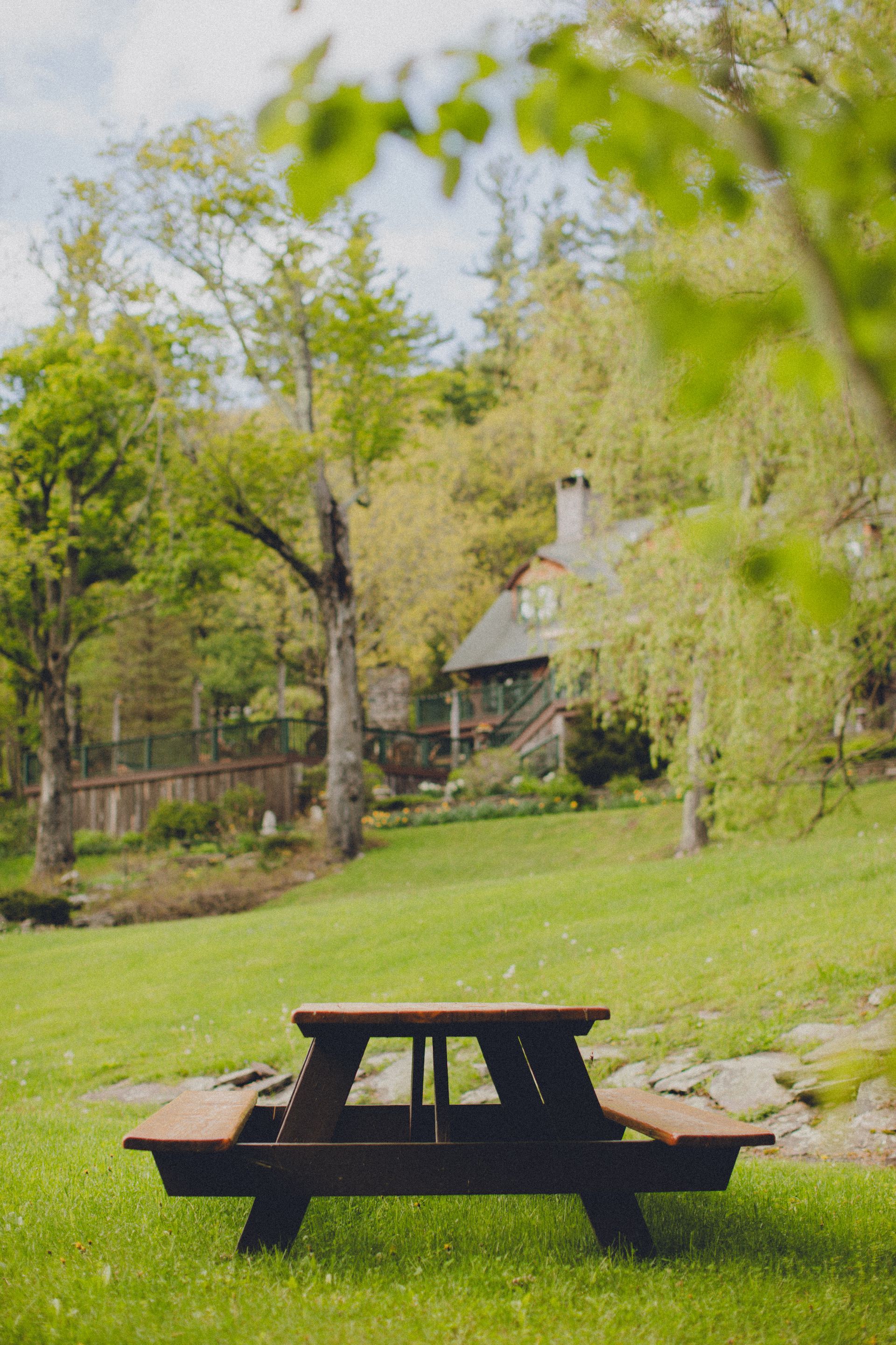 A picnic table is sitting in the middle of a lush green field.