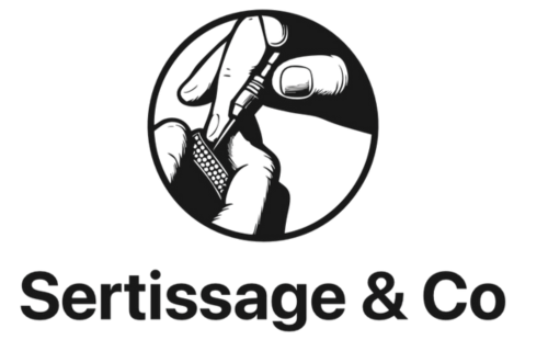 Logo : Fabrication artisanale d'un bijou. Texte « Sertissage & Co » en dessous.